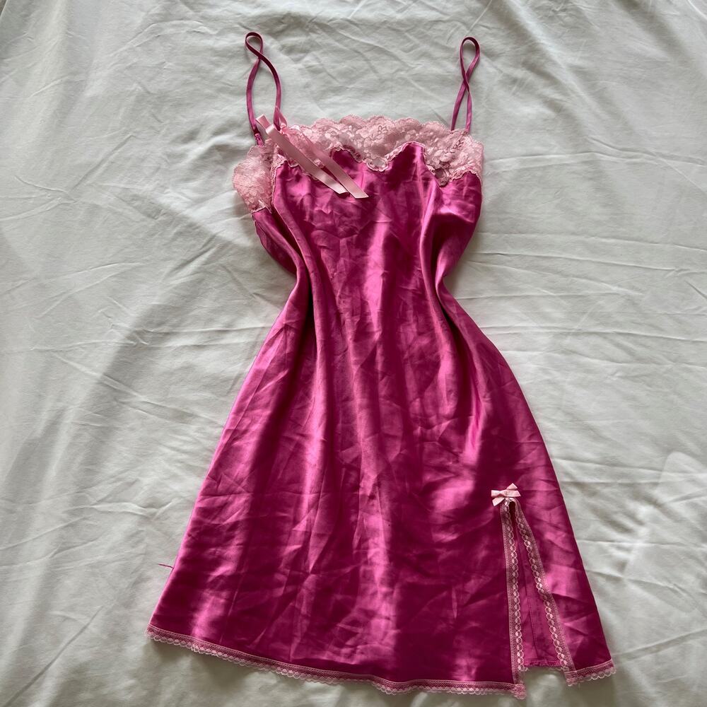 Victoria's secret magenta pink lace ribbon satin slip dress lingerie M